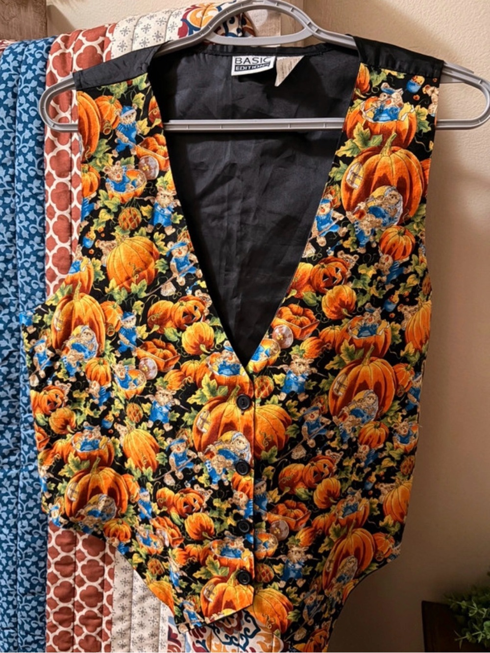 Basic Editions Black Vest with Orange Pumpkin Print